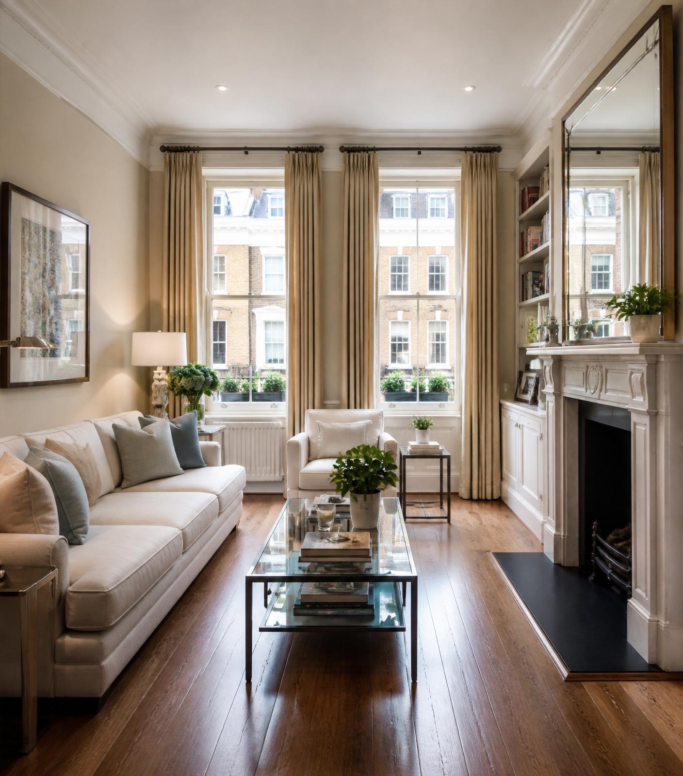 A beautifully maintained Central London living room with tall sash windows and warm natural light